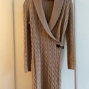 LAUREN Ralph Lauren Cable-Knit Buckle Trim Camel Sweater Dress, Size M.